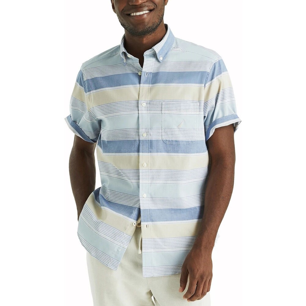 Nautica Men’s XXL Striped Button Up Shirt Blue Green Short Sleeve Classic Fit